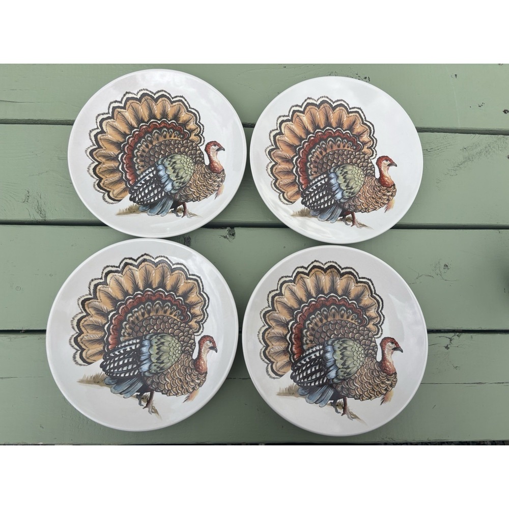 Set of 4 Pottery Barn Watercolor Turkey Lunch / Salad Plates 9" Thanksgiving